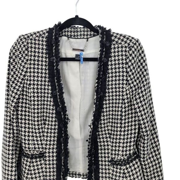 WHBM  Womens Wool Blend Houndstooth Blazer Sz 2 Ruffle Chain Fringe Trim Black - Picture 7 of 15